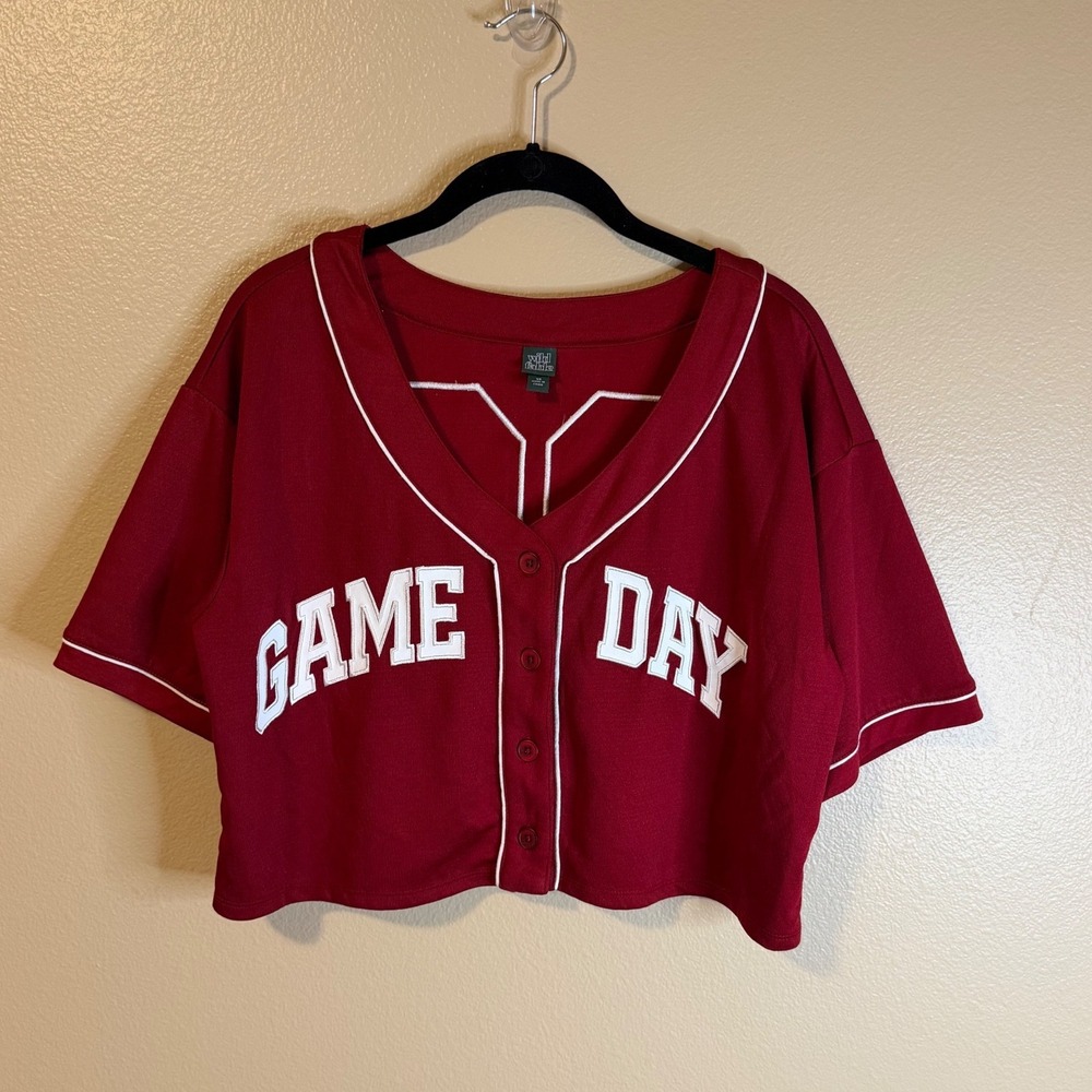 Womens XS Game Day Baseball Jersey Cropped Oversized Burgundy Red